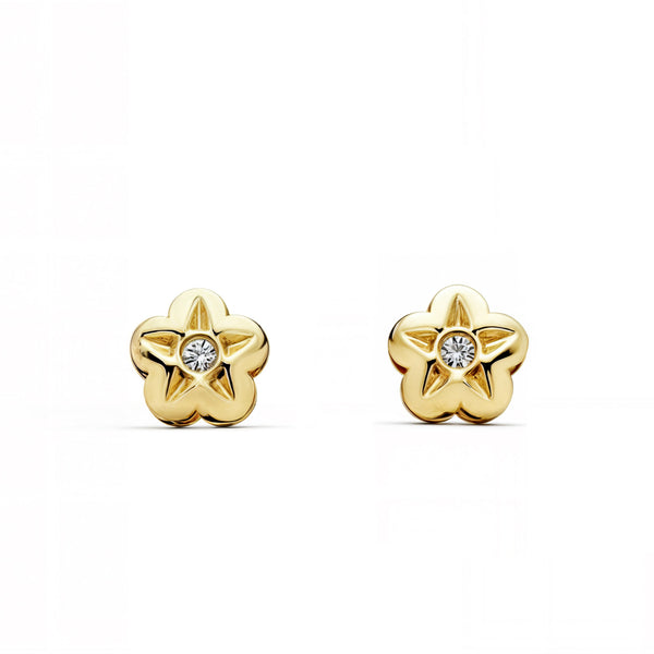 Boucles d'Oreilles Bebe Fille Enfant Fleur Zircone Or Jaune 9 Carats