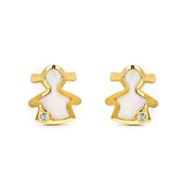 Boucles d'Oreilles Nacre Fille Zircone Or Jaune 9 Carats