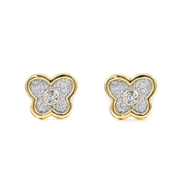 Boucles d'Oreilles Papillon Zircone Or Jaune 9 carats texturees