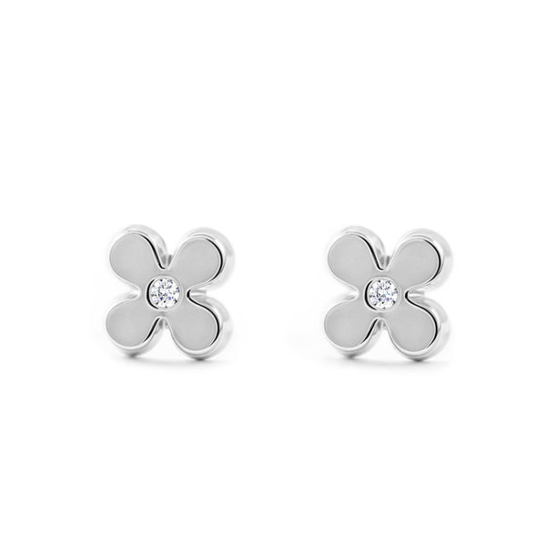 Boucles d'Oreilles Fille Enfant Fleur Zircone Or Blanc 9 Carats
