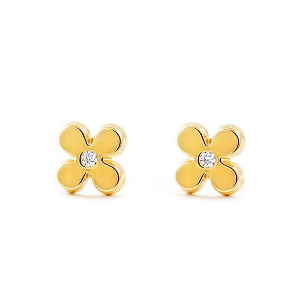 Boucles d'Oreilles Fille Enfant Fleur Zircone Or Jaune 18 Carats