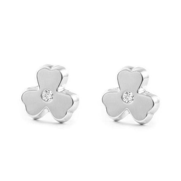 Boucles d'Oreilles Fille Enfant Trèfle Zircone Or Blanc 9 Carats