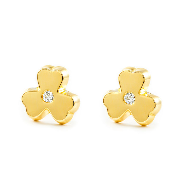 Boucles d'Oreilles Fille Enfant Trèfle Zircone Or Jaune 9 Carats