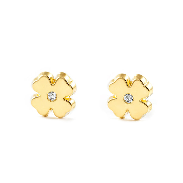Boucles d'Oreilles Fille Enfant Trèfle Zircone Or Jaune 9 Carats