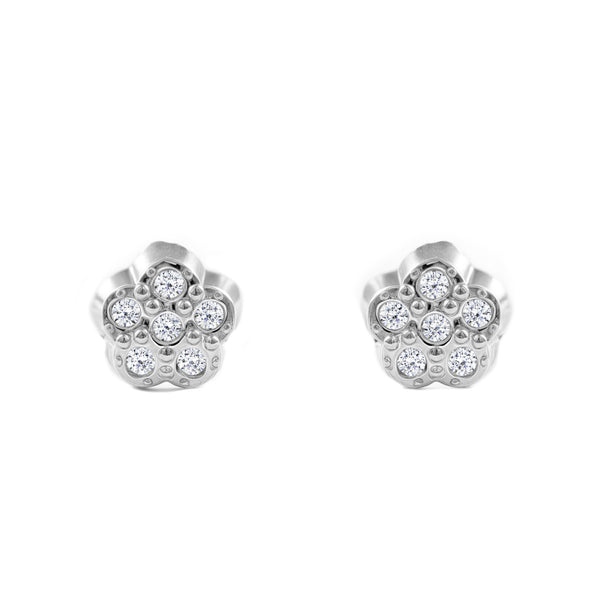 Boucles d'Oreilles Bebe Fille Enfant Fleur Zircone Or Blanc 9 Carats