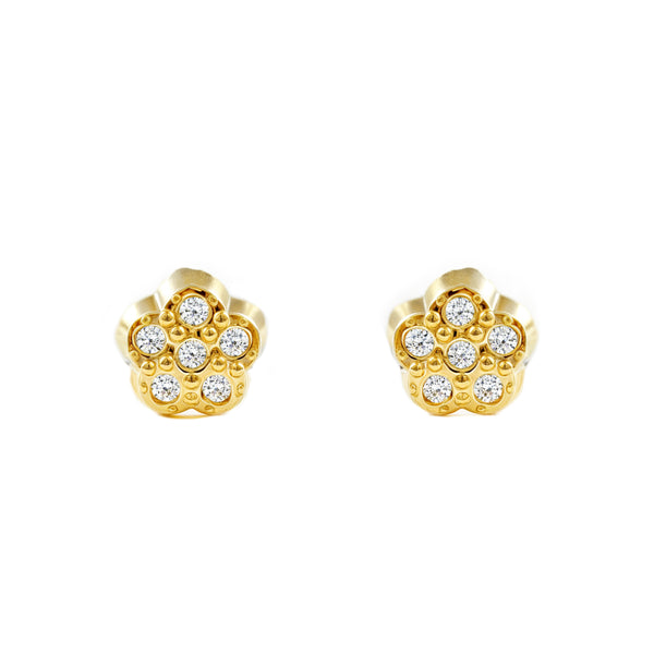 Boucles d'Oreilles Bebe Fille Enfant Fleur Zircone Or Jaune 9 Carats