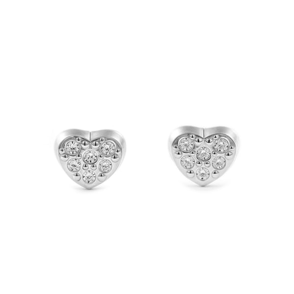 Boucles d'Oreilles Bebe Fille Enfant Cœur Zircone Or Blanc 9 Carats