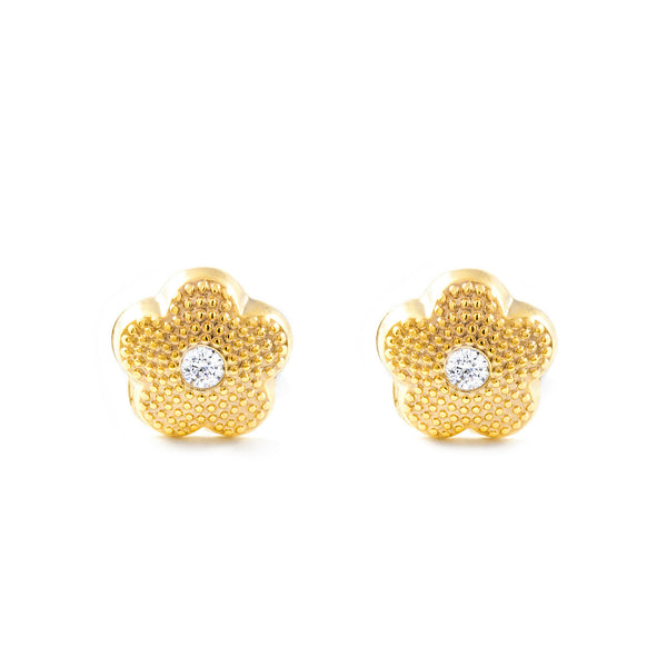 Boucles d'Oreilles Fille Enfant marguerite fleur Zircone Or Jaune 9 carats texturees