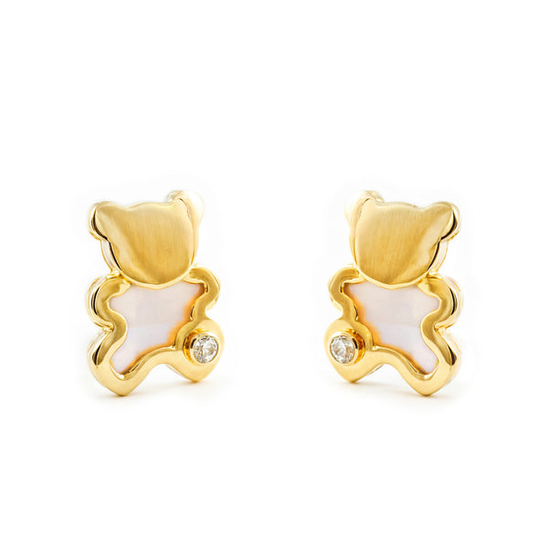 Boucles d'Oreilles Fille Enfant Nacre Ours Zircone Or Jaune 9 Carats