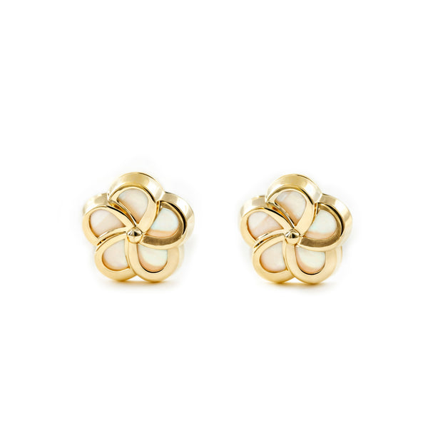 Boucles d'Oreilles Fille Enfant Nacre Fleur Or Jaune 9 Carats