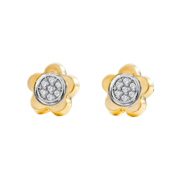 Boucles d'Oreilles marguerite fleur Zircone Or Bicolore 9 Carats