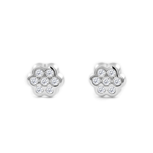 Boucles d'Oreilles Bebe Fille Enfant marguerite fleur Zircone Or Blanc 9 Carats