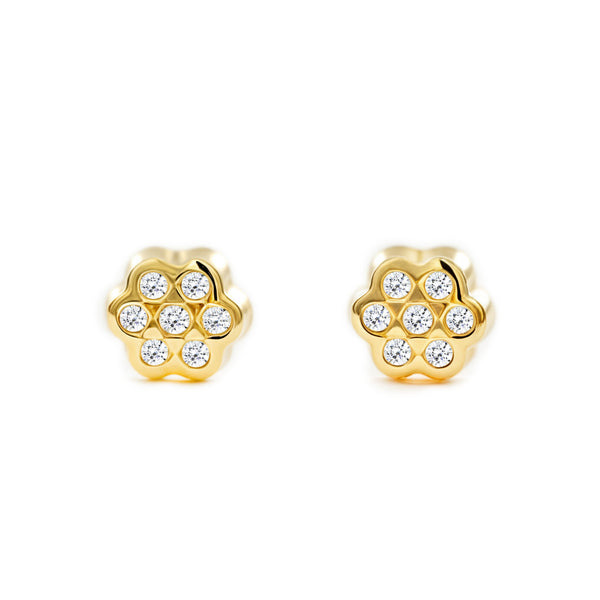 Boucles d'Oreilles Bebe Fille Enfant marguerite fleur Zircone Or Jaune 9 Carats