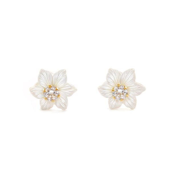 Boucles d'Oreilles Fille Enfant Nacre Fleur Zircone 2 mm Or Jaune 9 Carats