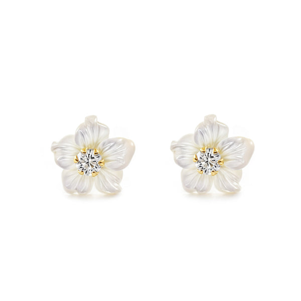 Boucles d'Oreilles Fille Enfant Nacre Fleur Zircone 2 mm Or Jaune 9 Carats