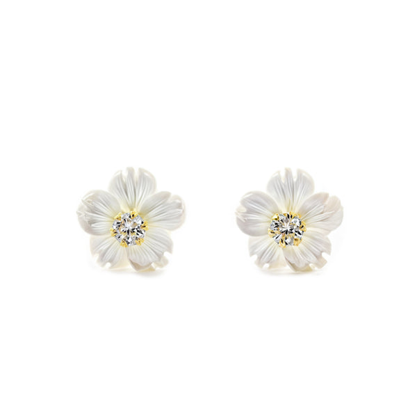 Boucles d'Oreilles Fille Enfant Nacre Fleur Zircone 2 mm Or Jaune 9 Carats