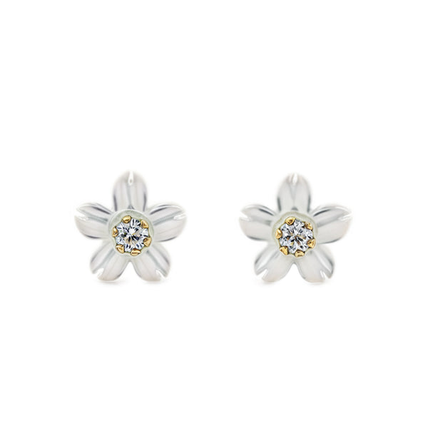 Boucles d'Oreilles Fille Enfant Nacre Fleur Zircone 2 mm Or Jaune 18 Carats