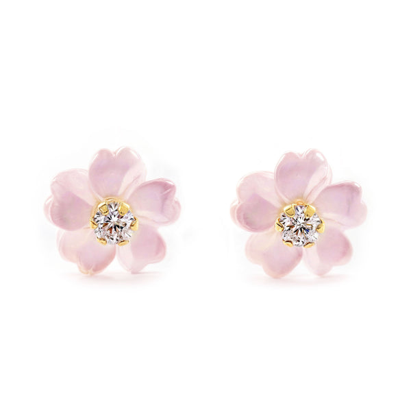 Boucles d'Oreilles Fille Enfant Nacre Fleur Zircone 2 mm Or Jaune 18 Carats