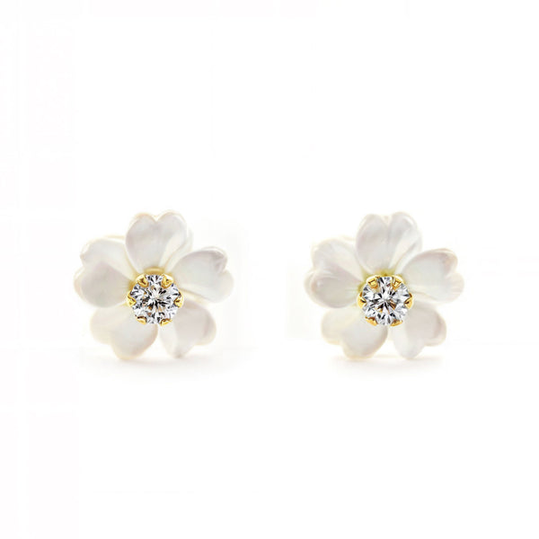Boucles d'Oreilles Fille Enfant Nacre Fleur Zircone 2 mm Or Jaune 9 Carats