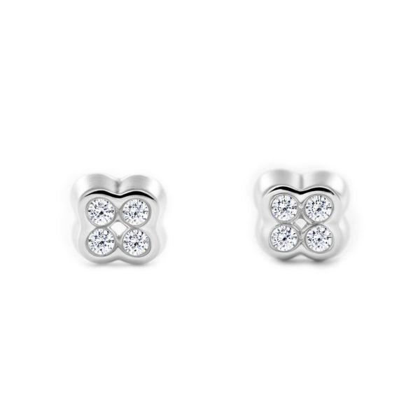 Boucles d'Oreilles Bebe Enfant Trèfle Zircone Or Blanc 18 Carats