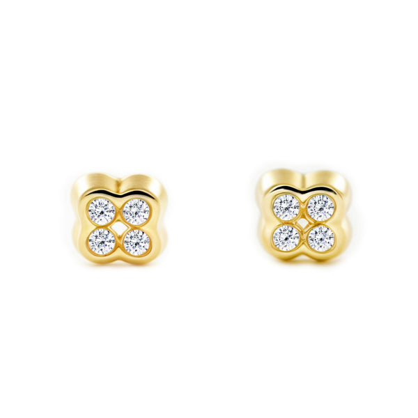 Boucles d'Oreilles Bebe Enfant Trèfle Zircone Or Jaune 9 Carats