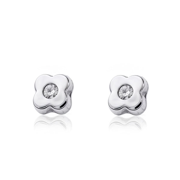 Boucles d'Oreilles Bebe Enfant Trèfle Zircone Or Blanc 9 Carats
