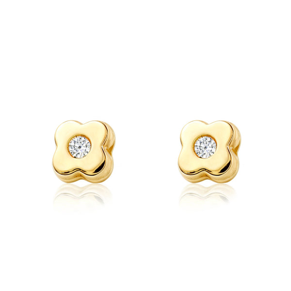 Boucles d'Oreilles Bebe Enfant Trèfle Zircone Or Jaune 9 Carats