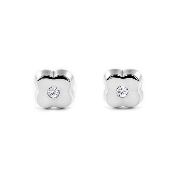 Boucles d'Oreilles Bebe Enfant Trèfle Zircone Or Blanc 9 Carats