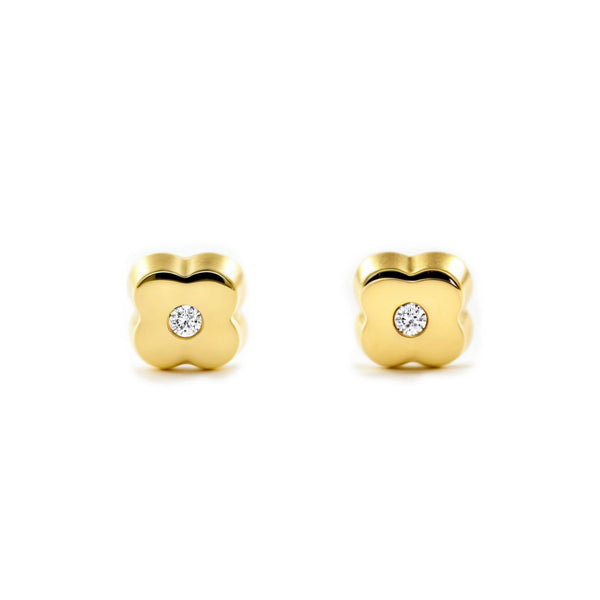 Boucles d'Oreilles Bebe Enfant Trèfle Zircone Or Jaune 9 Carats