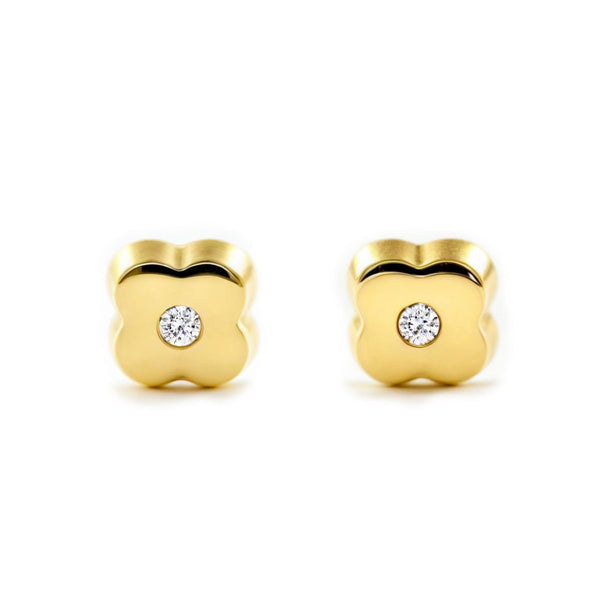 Boucles d'Oreilles Bebe Enfant Trèfle Zircone Or Jaune 9 Carats