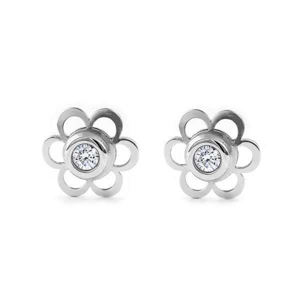 Boucles d'Oreilles Bebe Fille Enfant marguerite fleur Zircone Or Blanc 9 Carats
