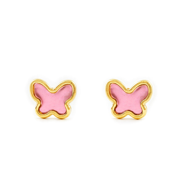 Boucles d'Oreilles Bebe Fille Enfant Émail rose Papillon Or Jaune 18 Carats