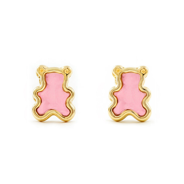 Boucles d'Oreilles Fille Enfant Émail rose Ours Or Jaune 9 Carats