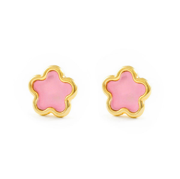 Boucles d'Oreilles Fille Enfant Émail rose marguerite fleur Or Jaune 9 Carats