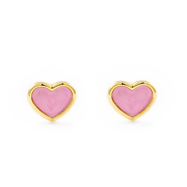 Boucles d'Oreilles Fille Enfant Émail rose Cœur Or Jaune 9 Carats