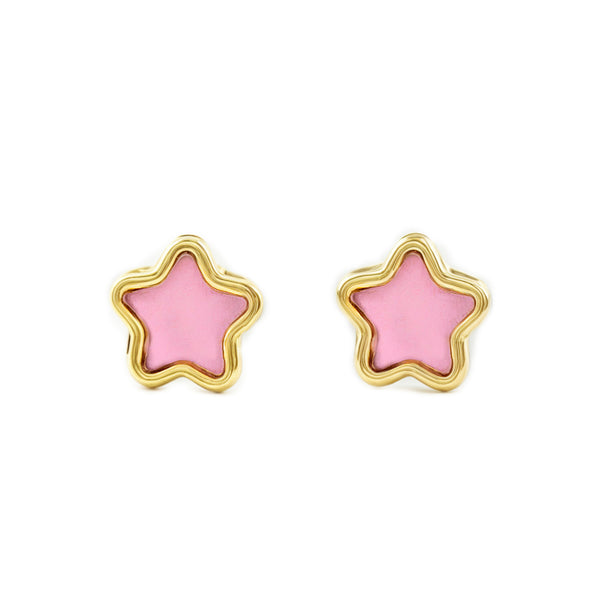 Boucles d'Oreilles Fille Enfant Émail rose Étoile Or Jaune 9 Carats