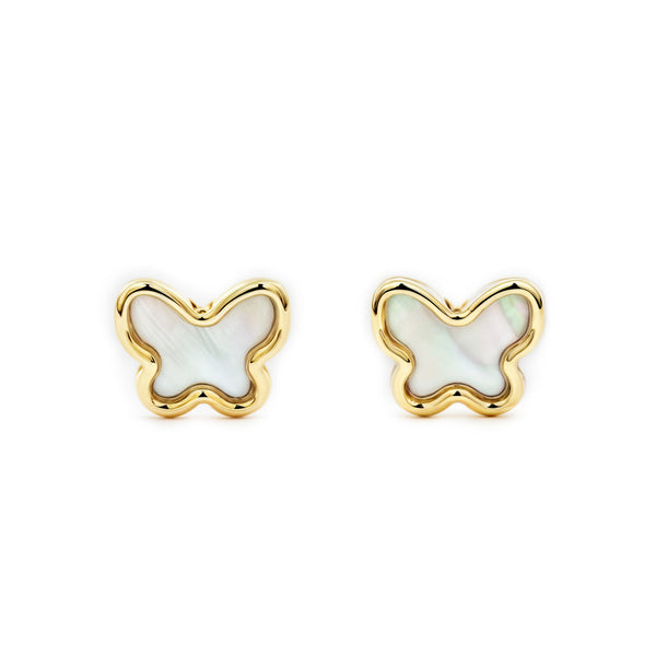 Boucles d'Oreilles Bebe Fille Enfant Nacre Papillon Or Jaune 9 Carats