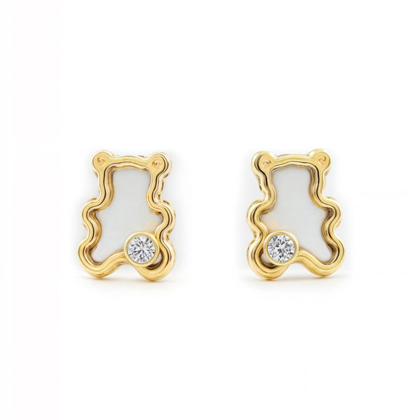 Boucles d'Oreilles Bebe Fille Enfant Nacre Ours Zircone Or Jaune 9 Carats