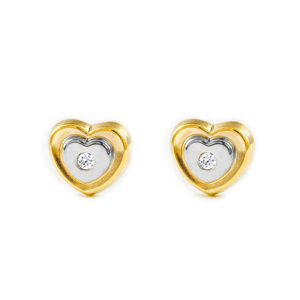 Boucles d'Oreilles Fille Enfant Cœur Zircone Or Bicolore 9 Carats