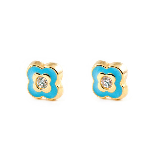 Boucles d'Oreilles Fille Enfant Émail bleu Trèfle Zircone Or Jaune 9 Carats