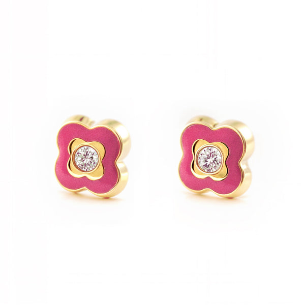 Boucles d'Oreilles Fille Enfant Émail rose Trèfle Zircone Or Jaune 9 Carats