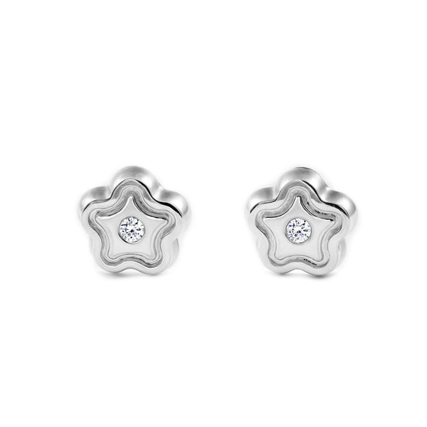 Boucles d'Oreilles Bebe Fille Enfant marguerite fleur Zircone Or Blanc 9 Carats