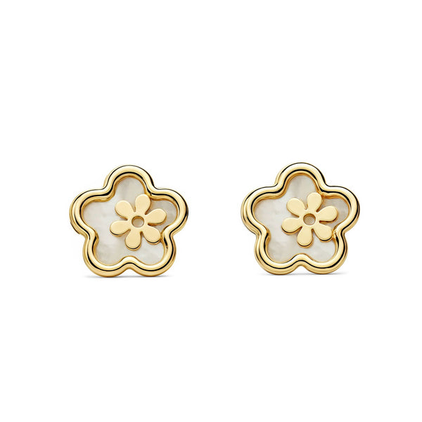Boucles d'Oreilles Nacre marguerite fleur Or Jaune 9 Carats
