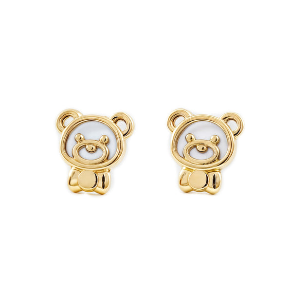 Boucles d'Oreilles Fille Enfant Nacre Ours Or Jaune 9 Carats