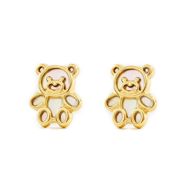 Boucles d'Oreilles Fille Enfant Nacre Ours Or Jaune 9 Carats