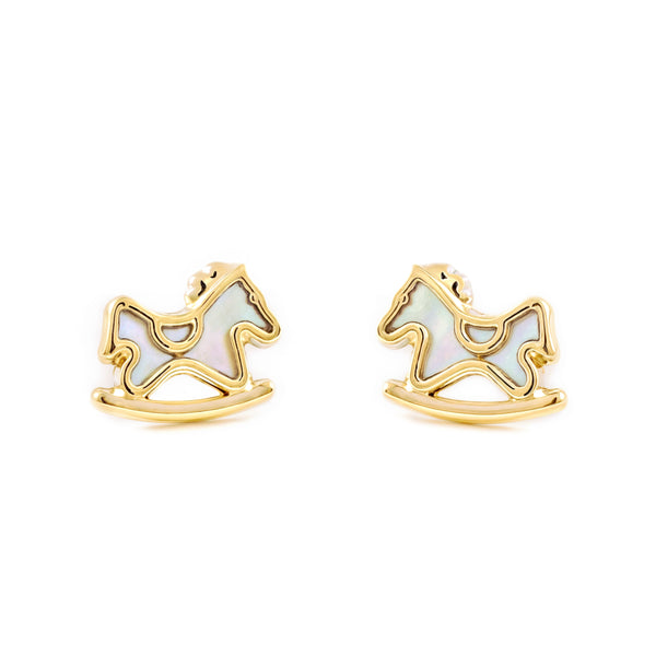 Boucles d'Oreilles Fille Enfant Nacre Cheval Or Jaune 9 Carats