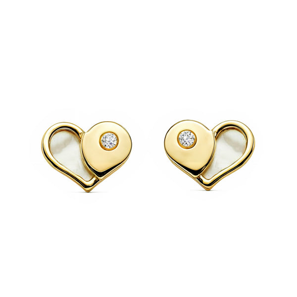 Boucles d'Oreilles Fille Enfant Nacre Cœur Zircone Or Jaune 9 Carats
