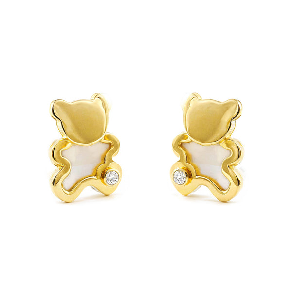Boucles d'Oreilles Fille Enfant Nacre Ours Zircone Or Jaune 9 Carats