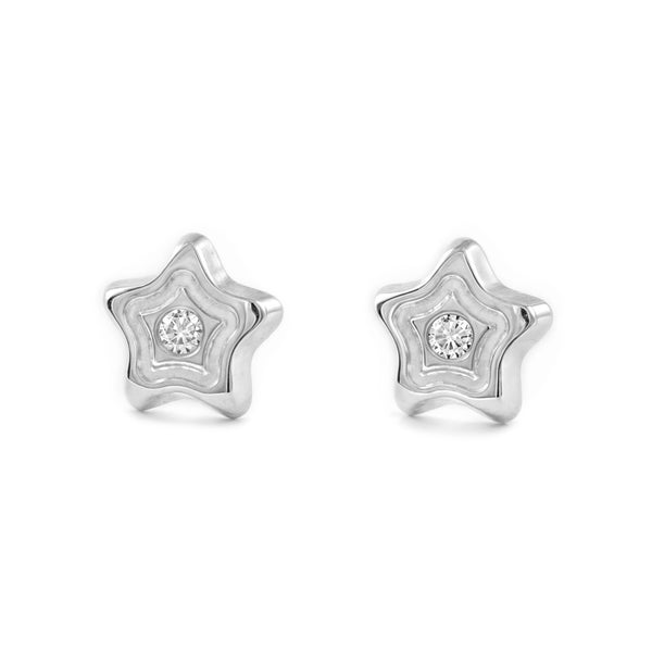 Boucles d'Oreilles Bebe Fille Enfant Étoile Zircone Or Blanc 9 Carats