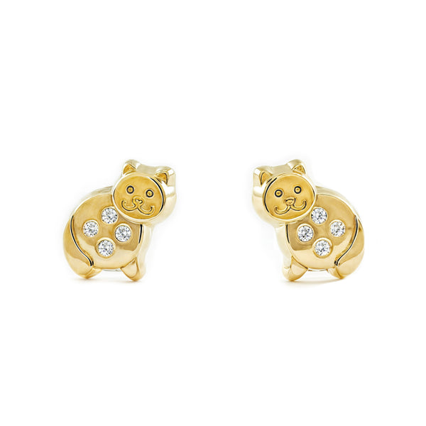Boucles d'Oreilles Fille Enfant Chat Zircone Or Jaune 9 Carats